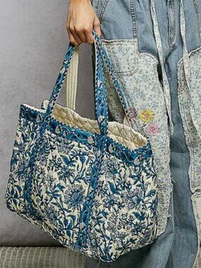 POL Ivory Blue Floral Quilted Tote Bag Block Print Cotton Boho Market Beach Bag